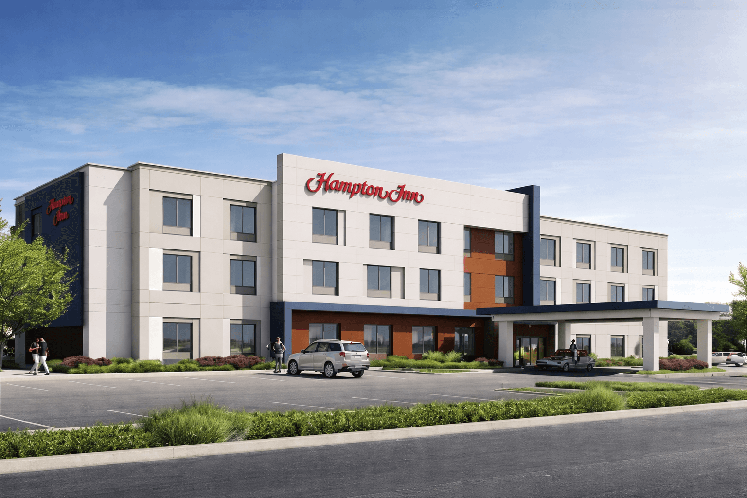 Exterior rendering of the 87-room Hampton by Hilton hotel under development in Woodruff, Wisconsin.